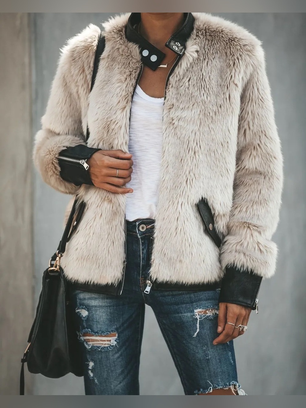 Fate Faux Fur Bomber Jacket with Faux Leather Trim - Size Small